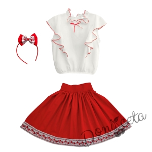 Комплект за момиче от 3 части- пола с етно мотиви и риза в бяло с червени къдрици и диадема