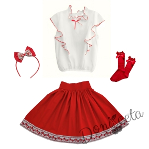 Комплект за момиче от 4 части- пола с етно мотиви. риза в бяло с червени къдрици, диадема и чорапи 1