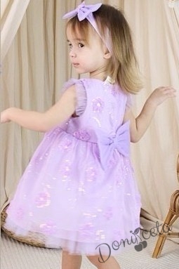 Официална детска/бебешка рокля в лилаво с тюл и лента за коса Оксана 2