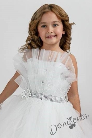 Официална детска дълга рокля в бяло с тюл без ръкав Теона 2