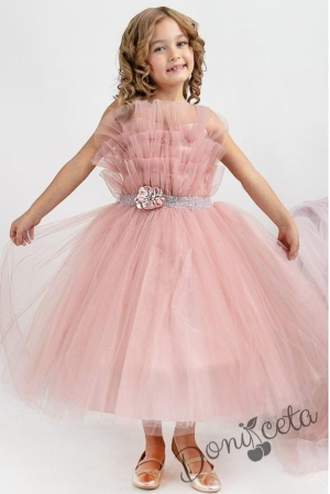 Официална детска дълга рокля в цвят пудра с тюл без ръкав Теона