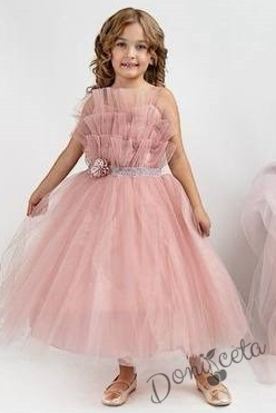 Официална детска дълга рокля в цвят пудра с тюл без ръкав Теона 3