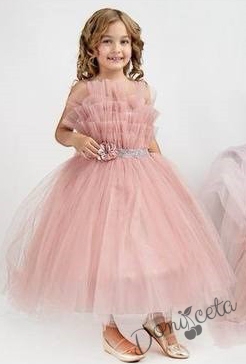 Официална детска дълга рокля в цвят пудра с тюл без ръкав Теона 4