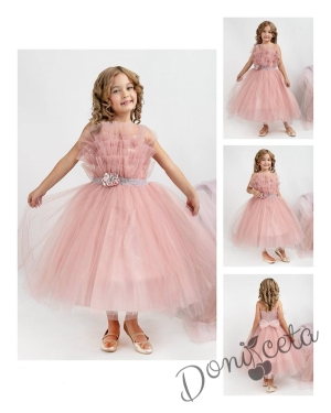 Официална детска дълга рокля в цвят пудра с тюл без ръкав Теона 6