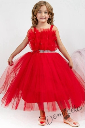 Официална детска дълга рокля в червено с тюл без ръкав Теона