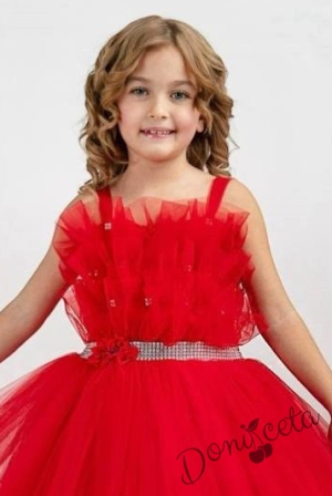 Официална детска дълга рокля в червено с тюл без ръкав Теона 2