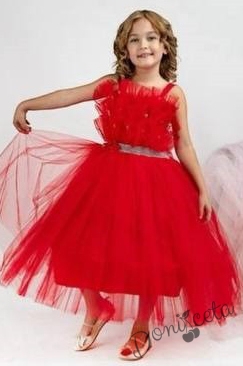 Официална детска дълга рокля в червено с тюл без ръкав Теона 3