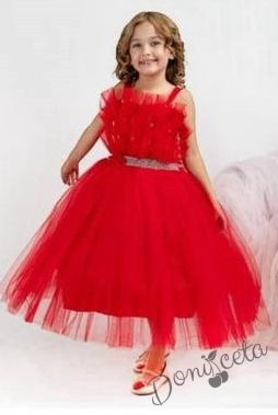 Официална детска дълга рокля в червено с тюл без ръкав Теона 4