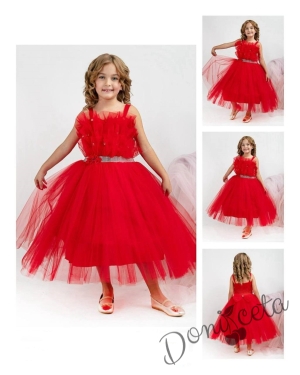 Официална детска дълга рокля в червено с тюл без ръкав Теона 6