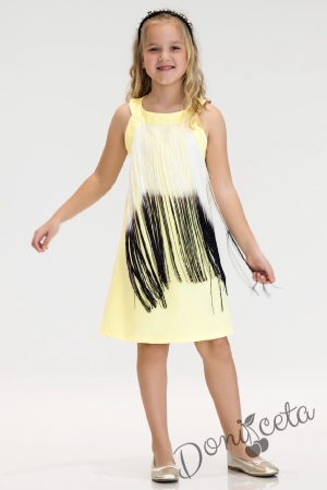 Детска официална рокля без ръкав с ресни в бяло и жълто 1