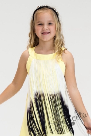 Детска официална рокля без ръкав с ресни в бяло и жълто 2