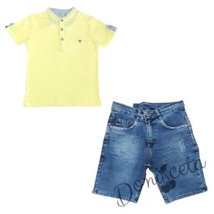 Детски комплект за момче от блуза в жълто и къси дънки в синьо 1