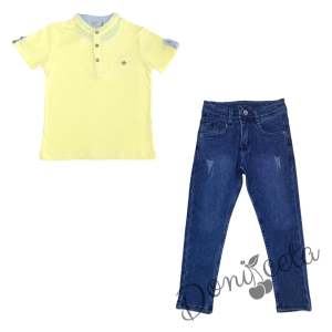 Детски комплект за момче от блуза в жълто и дълги дънки в синьо 1