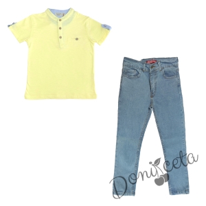 Детски комплект за момче от блуза в жълто и дълги дънки в светлосиньо 1