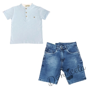 Детски комплект за момче от блуза и къси дънки в синьо 1