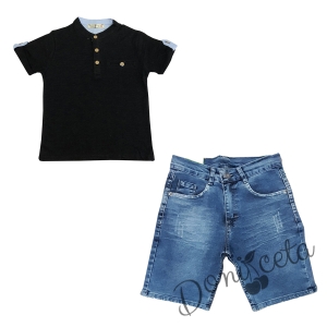 Детски комплект за момче от блуза в черно и къси дънки в синьо