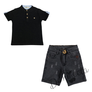 Детски комплект за момче от блуза и къси дънки в черно