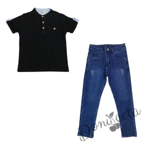 Детски комплект за момче от блуза в черно и дълги дънки в синьо 1