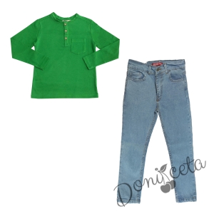 Детски комплект за момче от блуза в зелено с дълъг ръкав и дълги дънки в светлосиньо