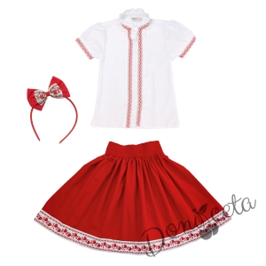 Комплект за момиче от 3 части- пола и риза с къс ръкав и къдрици с фолклорни/етно мотиви и диадема 1