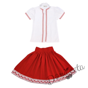 Комплект за момиче от 3 части- пола и риза с къс ръкав и къдрици с фолклорни/етно мотиви и диадема 2 1