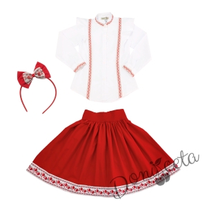 Комплект за момиче от 3 части- пола, риза с дълъг ръкав с фолклорни/етно мотиви и диадема 1