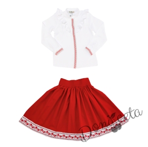 Комплект за момиче от 2 части- пола и риза с дълъг и къдрици ръкав с фолклорни/етно мотиви  1