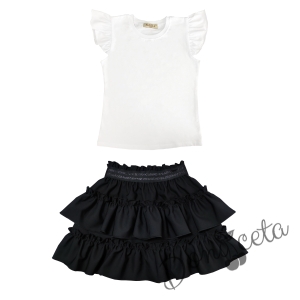 Комплект за момиче от детска пола в черно с къдрички и блуза в бяло 