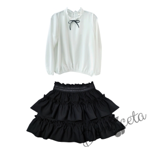Комплект за момиче от детска пола в черно и риза в бяло с черни къдрици Contrast 1