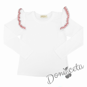 Детска блуза с дълъг ръкав в бяло с къдрици и фолклорни/етно мотиви 1