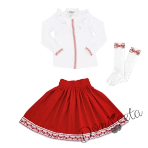 Комплект за момиче от 3 части- пола, риза с дълъг ръкав и къдрици с фолклорни/етно мотиви и чорапи