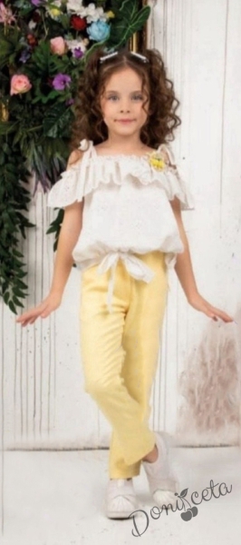 Комплект за момиче от 2 части- блуза в екрю и панталон в жълто 1