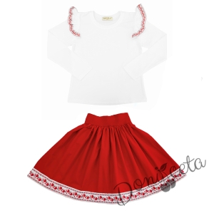 Комплект за момиче от 2 части- пола в червено и блуза в бяло с къдрици с фолклорни/етно мотиви