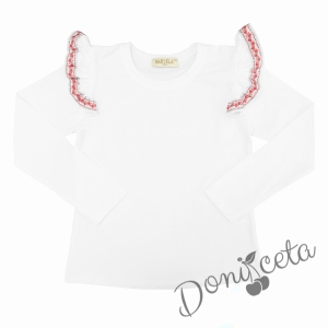 Комплект за момиче от 2 части- пола в червено и блуза в бяло с къдрици с фолклорни/етно мотиви 2