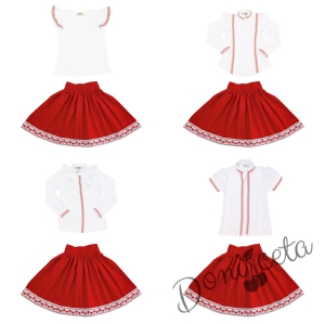 Комплект за момиче от 3 части- пола в червено, блуза в бяло с къдрици с фолклорни/етно мотиви и чорапи 5