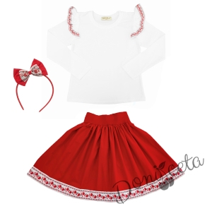 Комплект за момиче от 3 части- пола в червено, блуза в бяло с къдрици с фолклорни/етно мотиви и диадема 1