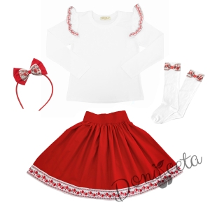 Комплект за момиче от 4 части- пола в червено, блуза в бяло с къдрици с фолклорни/етно мотиви, чорапи и диадема 1