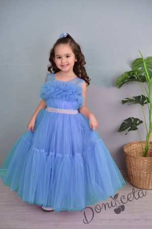 Официална детска дълга рокля в синьо без ръкав с тюл Мелани