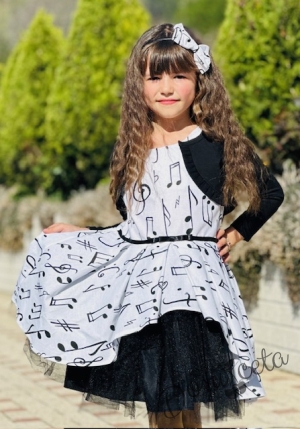 Празничен коплект от детска рокля в бяло с черни ноти и болеро в черно3