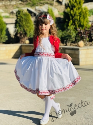 Комплект от детска народна носия-рокля без ръкав с фолклорни/етно мотиви и болеро в червено