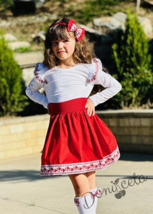 Комплект за момиче от 2 части- пола в червено и блуза в бяло с къдрици с фолклорни/етно мотиви10