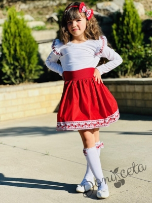 Комплект за момиче от 3 части- пола в червено, блуза в бяло с къдрици с фолклорни/етно мотиви и диадема5