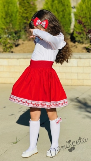 Комплект за момиче от 3 части- пола в червено, блуза в бяло с къдрици с фолклорни/етно мотиви и диадема6