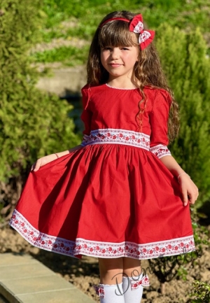 Детска рокля в червено с фолклорни/етно мотиви тип народна носия и диадема5