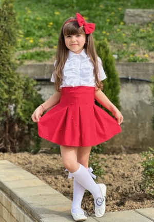 Комплект за момиче от 3 части - пола, риза и диадема в червено Анабел4