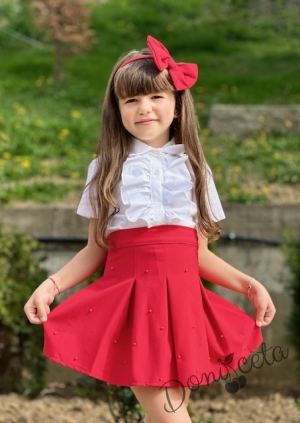 Комплект за момиче от 3 части - пола, риза и диадема в червено Анабел5