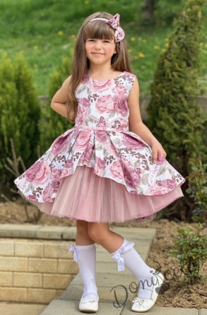 Детска официална рокля Надежда на цветя с тюл в пепел от рози