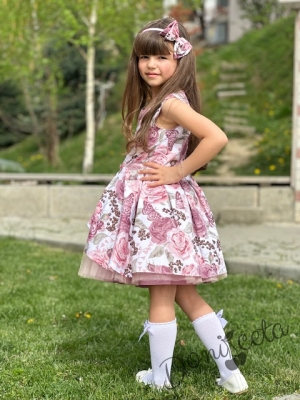 Детска официална рокля Надежда на цветя с тюл в пепел от рози3