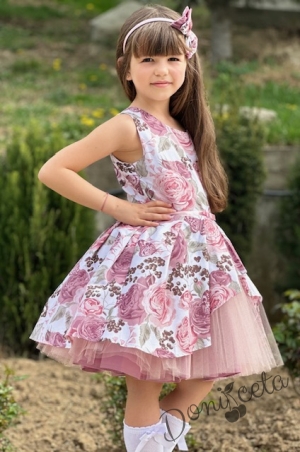 Детска официална рокля Надежда на цветя с тюл в пепел от рози6