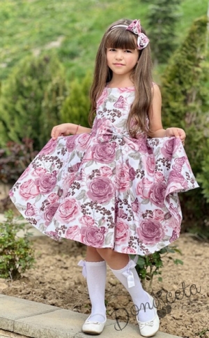Детска рокля в пепел от рози с цветя тип клош с тюл отдолу9